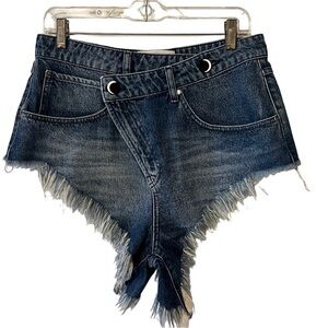 Crossover Waist Fringe Hem High Rise Denim Jean Cutoff Shorts 27